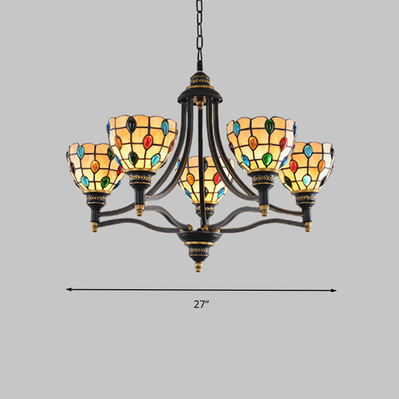 Beaded Chandelier Lighting Tiffany Style Stained Glass 3/6/8 Lights Black and Gold Ceiling Pendant Clearhalo 'Ceiling Lights' 'Chandeliers' 'Industrial' 'Middle Century Chandeliers' 'Tiffany Chandeliers' 'Tiffany close to ceiling' 'Tiffany' Lighting' 296619
