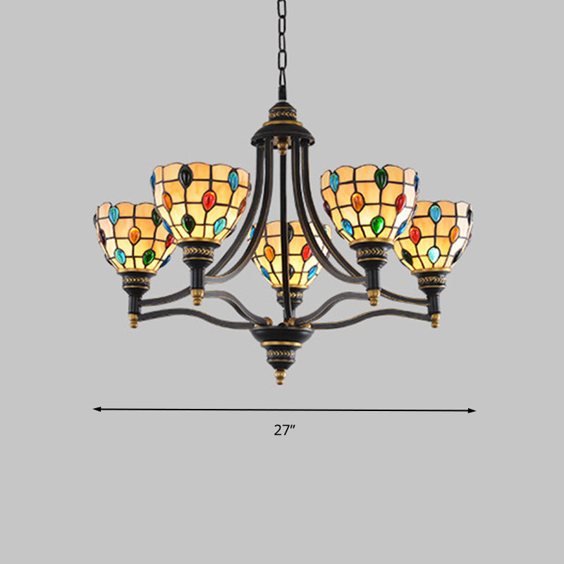 Beaded Chandelier Lighting Tiffany Style Stained Glass 3/6/8 Lights Black and Gold Ceiling Pendant Clearhalo 'Ceiling Lights' 'Chandeliers' 'Industrial' 'Middle Century Chandeliers' 'Tiffany Chandeliers' 'Tiffany close to ceiling' 'Tiffany' Lighting' 296619