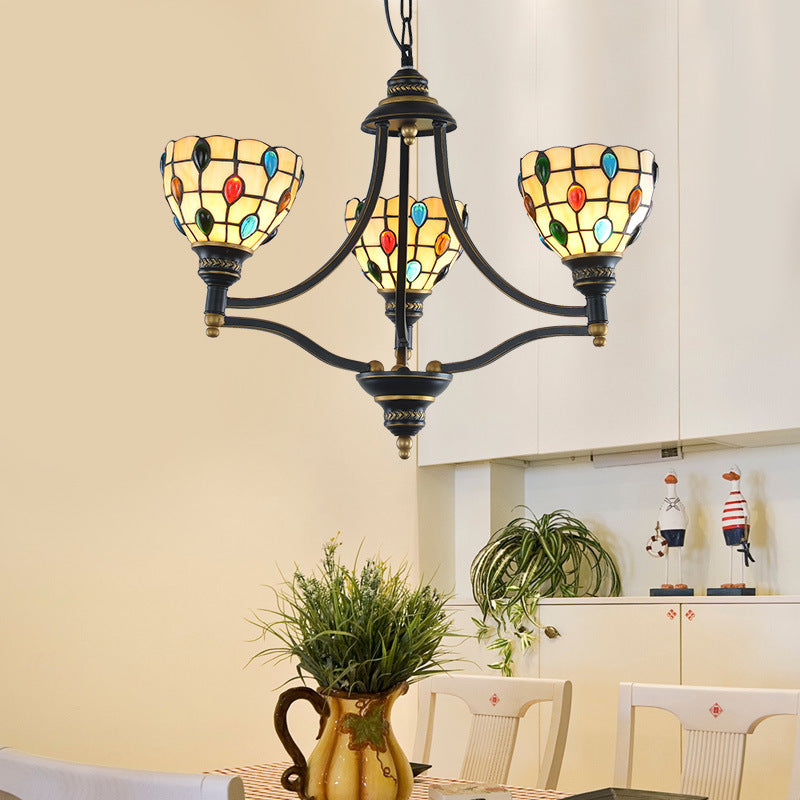 Beaded Chandelier Lighting Tiffany Style Stained Glass 3/6/8 Lights Black and Gold Ceiling Pendant 3 Black-Gold Clearhalo 'Ceiling Lights' 'Chandeliers' 'Industrial' 'Middle Century Chandeliers' 'Tiffany Chandeliers' 'Tiffany close to ceiling' 'Tiffany' Lighting' 296620