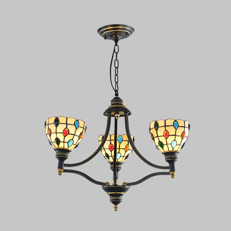 Beaded Chandelier Lighting Tiffany Style Stained Glass 3/6/8 Lights Black and Gold Ceiling Pendant Clearhalo 'Ceiling Lights' 'Chandeliers' 'Industrial' 'Middle Century Chandeliers' 'Tiffany Chandeliers' 'Tiffany close to ceiling' 'Tiffany' Lighting' 296621