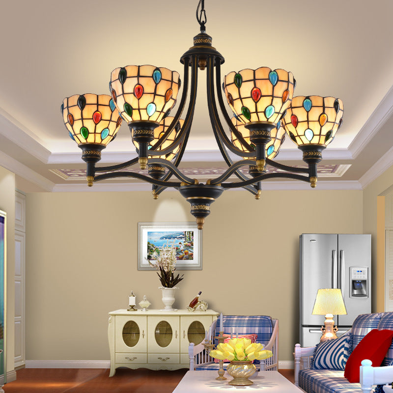 Beaded Chandelier Lighting Tiffany Style Stained Glass 3/6/8 Lights Black and Gold Ceiling Pendant 6 Black-Gold Clearhalo 'Ceiling Lights' 'Chandeliers' 'Industrial' 'Middle Century Chandeliers' 'Tiffany Chandeliers' 'Tiffany close to ceiling' 'Tiffany' Lighting' 296625