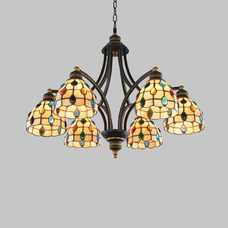 Beaded Chandelier Lighting Tiffany Style Stained Glass 3/6/8 Lights Black and Gold Ceiling Pendant Clearhalo 'Ceiling Lights' 'Chandeliers' 'Industrial' 'Middle Century Chandeliers' 'Tiffany Chandeliers' 'Tiffany close to ceiling' 'Tiffany' Lighting' 296626