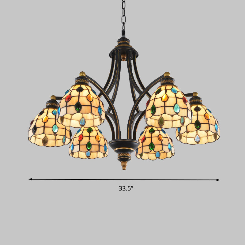 Beaded Chandelier Lighting Tiffany Style Stained Glass 3/6/8 Lights Black and Gold Ceiling Pendant Clearhalo 'Ceiling Lights' 'Chandeliers' 'Industrial' 'Middle Century Chandeliers' 'Tiffany Chandeliers' 'Tiffany close to ceiling' 'Tiffany' Lighting' 296627
