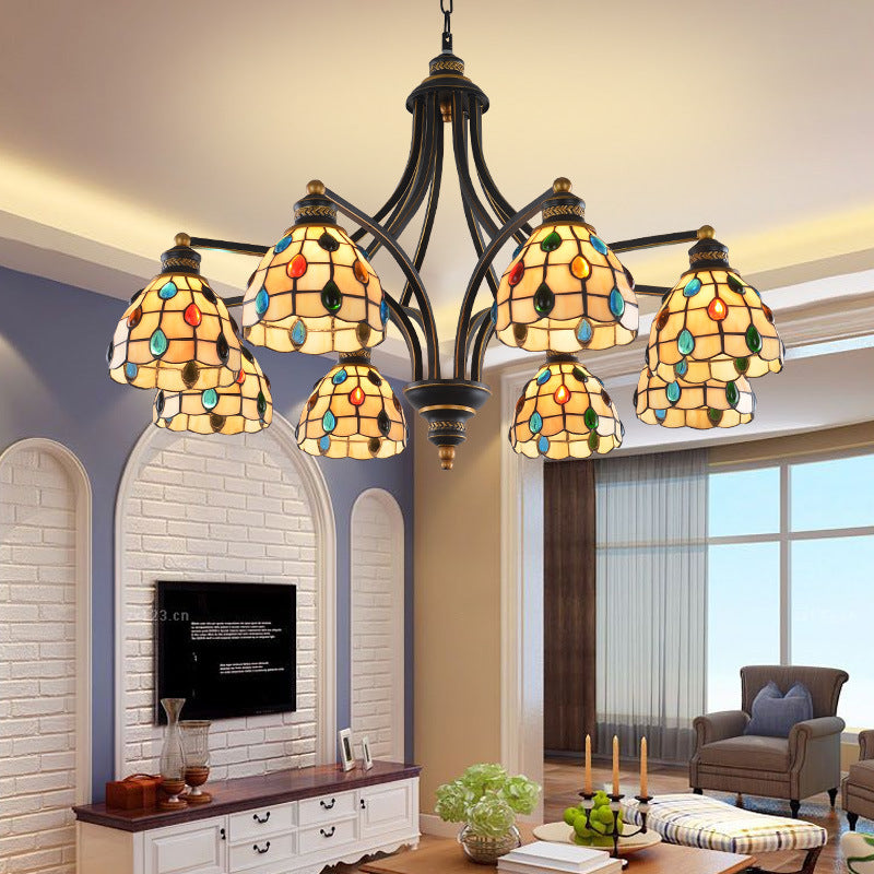 Beaded Chandelier Lighting Tiffany Style Stained Glass 3/6/8 Lights Black and Gold Ceiling Pendant 8 Black-Gold Clearhalo 'Ceiling Lights' 'Chandeliers' 'Industrial' 'Middle Century Chandeliers' 'Tiffany Chandeliers' 'Tiffany close to ceiling' 'Tiffany' Lighting' 296628