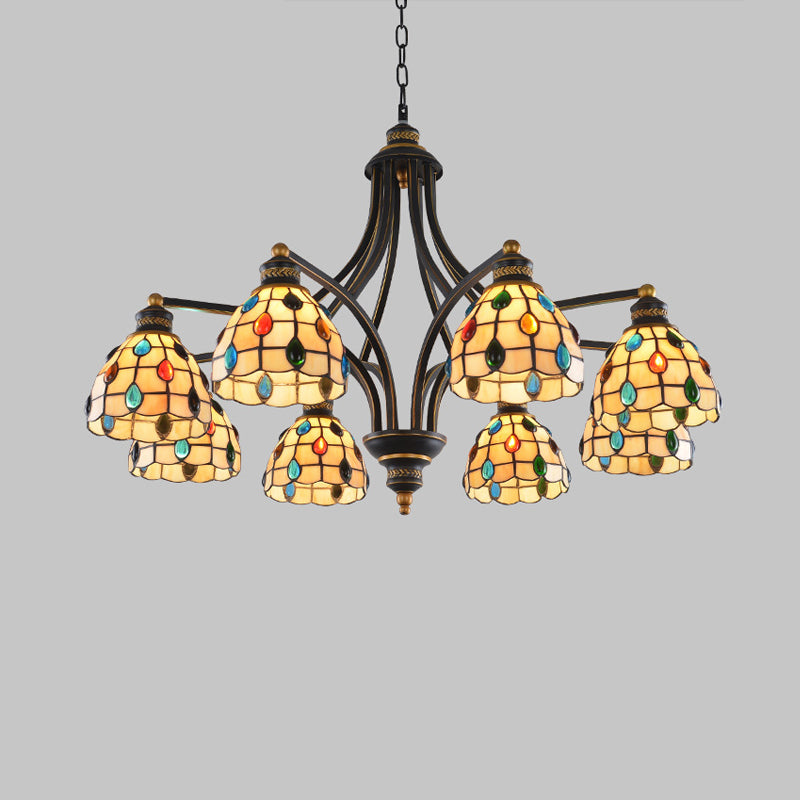 Beaded Chandelier Lighting Tiffany Style Stained Glass 3/6/8 Lights Black and Gold Ceiling Pendant Clearhalo 'Ceiling Lights' 'Chandeliers' 'Industrial' 'Middle Century Chandeliers' 'Tiffany Chandeliers' 'Tiffany close to ceiling' 'Tiffany' Lighting' 296629