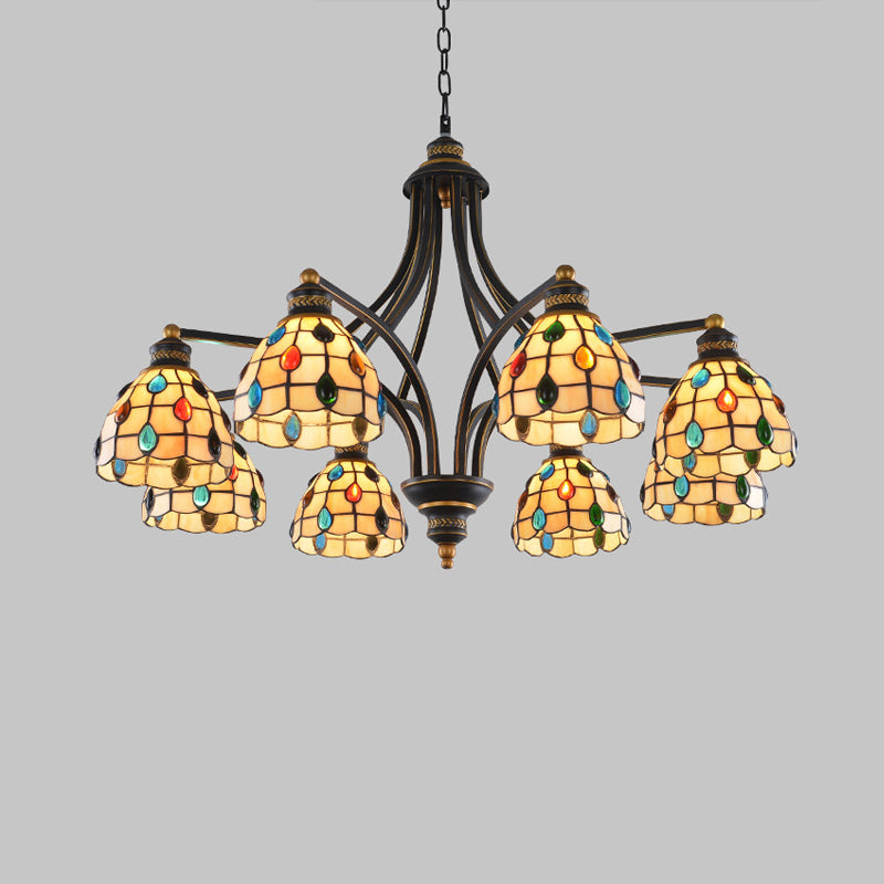 Beaded Chandelier Lighting Tiffany Style Stained Glass 3/6/8 Lights Black and Gold Ceiling Pendant Clearhalo 'Ceiling Lights' 'Chandeliers' 'Industrial' 'Middle Century Chandeliers' 'Tiffany Chandeliers' 'Tiffany close to ceiling' 'Tiffany' Lighting' 296629