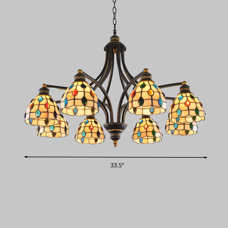 Beaded Chandelier Lighting Tiffany Style Stained Glass 3/6/8 Lights Black and Gold Ceiling Pendant Clearhalo 'Ceiling Lights' 'Chandeliers' 'Industrial' 'Middle Century Chandeliers' 'Tiffany Chandeliers' 'Tiffany close to ceiling' 'Tiffany' Lighting' 296630