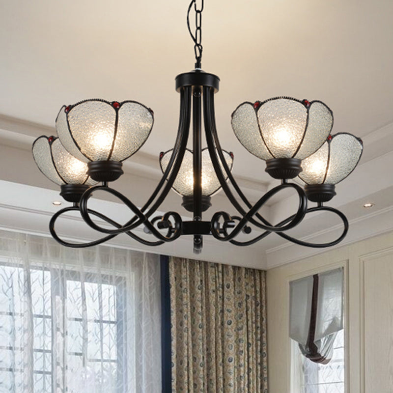 Tiffany Scalloped Chandelier Lamp 3/6/8 Lights Frosted Glass Hanging Light Fixture in Black 5 Black Clearhalo 'Ceiling Lights' 'Chandeliers' 'Industrial' 'Middle Century Chandeliers' 'Tiffany Chandeliers' 'Tiffany close to ceiling' 'Tiffany' Lighting' 296649