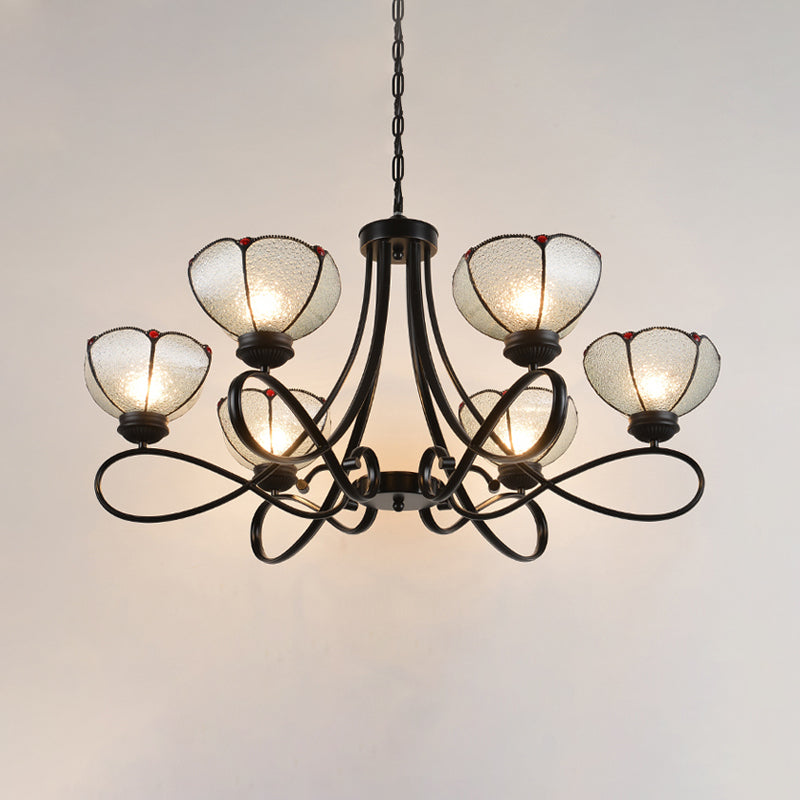 Tiffany Scalloped Chandelier Lamp 3/6/8 Lights Frosted Glass Hanging Light Fixture in Black 6 Black Clearhalo 'Ceiling Lights' 'Chandeliers' 'Industrial' 'Middle Century Chandeliers' 'Tiffany Chandeliers' 'Tiffany close to ceiling' 'Tiffany' Lighting' 296657