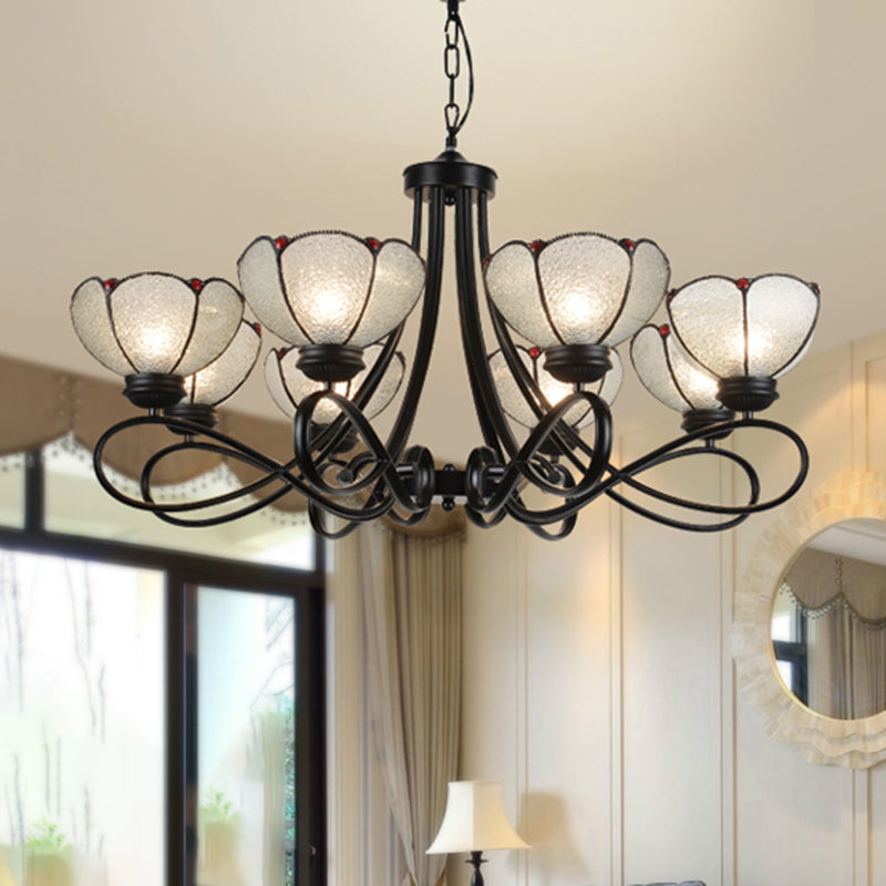 Tiffany Scalloped Chandelier Lamp 3/6/8 Lights Frosted Glass Hanging Light Fixture in Black 8 Black Clearhalo 'Ceiling Lights' 'Chandeliers' 'Industrial' 'Middle Century Chandeliers' 'Tiffany Chandeliers' 'Tiffany close to ceiling' 'Tiffany' Lighting' 296659
