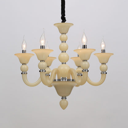 10 Bulbs Candle Chandelier Pendant Light Traditionary Beige/Purple/Blue Glass Hanging Lamp Kit Beige Clearhalo 'Ceiling Lights' 'Chandeliers' Lighting' options 296682_cc44c62c-45d7-4409-8ea2-08cd8d1c9ab4