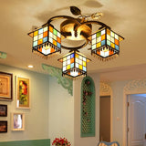 Stained Glass Ceiling Light, Cube Semi Flush Mount Light in Antique Brass with Leaf Decoration Tiffany Style 3 Antique Brass Clearhalo 'Ceiling Lights' 'Close To Ceiling Lights' 'Close to ceiling' 'Glass shade' 'Glass' 'Semi-flushmount' 'Tiffany close to ceiling' 'Tiffany' Lighting' 2966