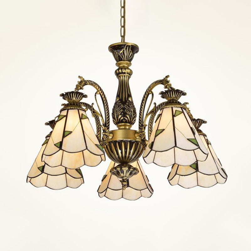 Stained Glass Conical Chandelier Light Fixture Mediterranean 3/5/11 Lights White/Antique Brass Ceiling Pendant Clearhalo 'Ceiling Lights' 'Chandeliers' 'Industrial' 'Middle Century Chandeliers' 'Tiffany Chandeliers' 'Tiffany close to ceiling' 'Tiffany' Lighting' 296700