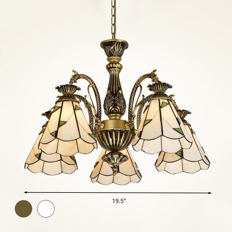Stained Glass Conical Chandelier Light Fixture Mediterranean 3/5/11 Lights White/Antique Brass Ceiling Pendant Clearhalo 'Ceiling Lights' 'Chandeliers' 'Industrial' 'Middle Century Chandeliers' 'Tiffany Chandeliers' 'Tiffany close to ceiling' 'Tiffany' Lighting' 296701