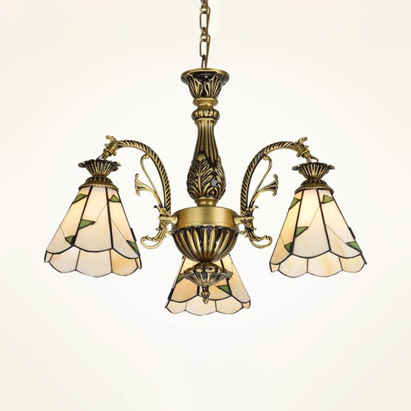 Stained Glass Conical Chandelier Light Fixture Mediterranean 3/5/11 Lights White/Antique Brass Ceiling Pendant Clearhalo 'Ceiling Lights' 'Chandeliers' 'Industrial' 'Middle Century Chandeliers' 'Tiffany Chandeliers' 'Tiffany close to ceiling' 'Tiffany' Lighting' 296703