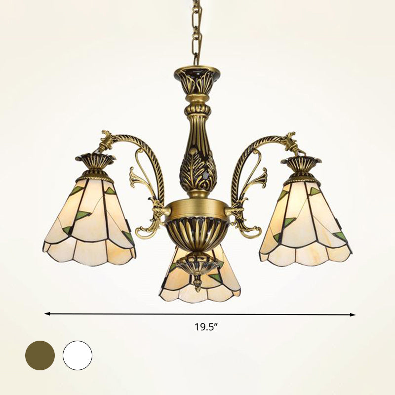 Stained Glass Conical Chandelier Light Fixture Mediterranean 3/5/11 Lights White/Antique Brass Ceiling Pendant Clearhalo 'Ceiling Lights' 'Chandeliers' 'Industrial' 'Middle Century Chandeliers' 'Tiffany Chandeliers' 'Tiffany close to ceiling' 'Tiffany' Lighting' 296704