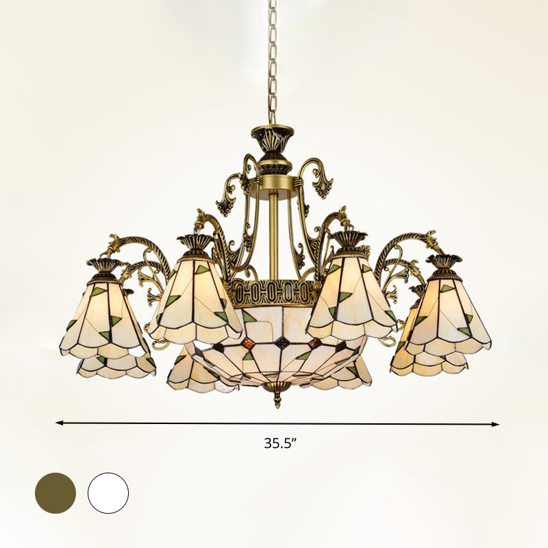 Stained Glass Conical Chandelier Light Fixture Mediterranean 3/5/11 Lights White/Antique Brass Ceiling Pendant Clearhalo 'Ceiling Lights' 'Chandeliers' 'Industrial' 'Middle Century Chandeliers' 'Tiffany Chandeliers' 'Tiffany close to ceiling' 'Tiffany' Lighting' 296711