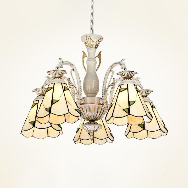 Stained Glass Conical Chandelier Light Fixture Mediterranean 3/5/11 Lights White/Antique Brass Ceiling Pendant Clearhalo 'Ceiling Lights' 'Chandeliers' 'Industrial' 'Middle Century Chandeliers' 'Tiffany Chandeliers' 'Tiffany close to ceiling' 'Tiffany' Lighting' 296714