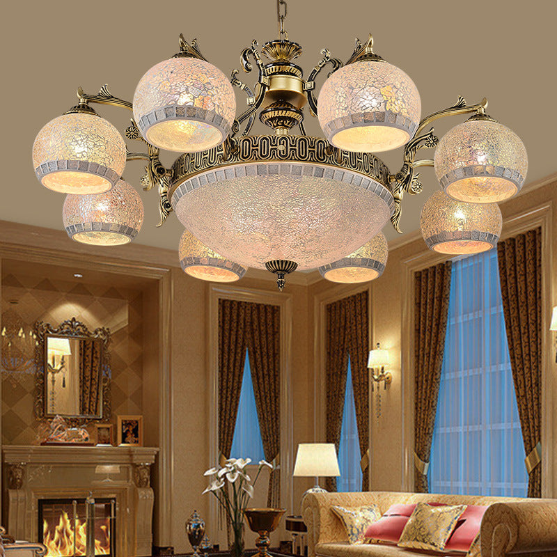 Antique Brass Globe Chandelier Lighting Fixture Baroque 3/5/11 Lights Frosted Glass Hanging Lamp 11 Antique Brass Clearhalo 'Ceiling Lights' 'Chandeliers' 'Industrial' 'Middle Century Chandeliers' 'Tiffany Chandeliers' 'Tiffany close to ceiling' 'Tiffany' Lighting' 296718