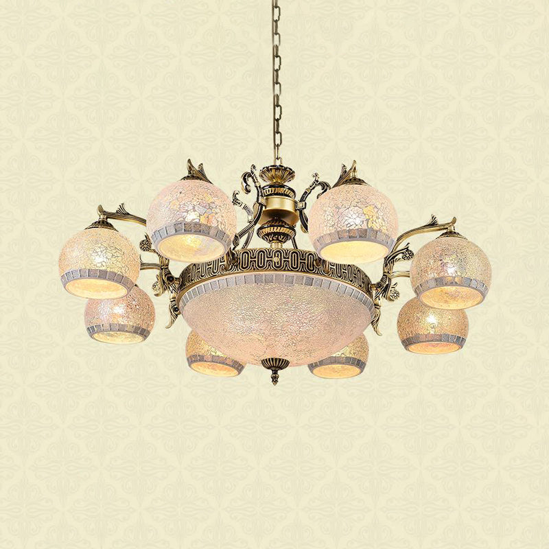 Antique Brass Globe Chandelier Lighting Fixture Baroque 3/5/11 Lights Frosted Glass Hanging Lamp Clearhalo 'Ceiling Lights' 'Chandeliers' 'Industrial' 'Middle Century Chandeliers' 'Tiffany Chandeliers' 'Tiffany close to ceiling' 'Tiffany' Lighting' 296719