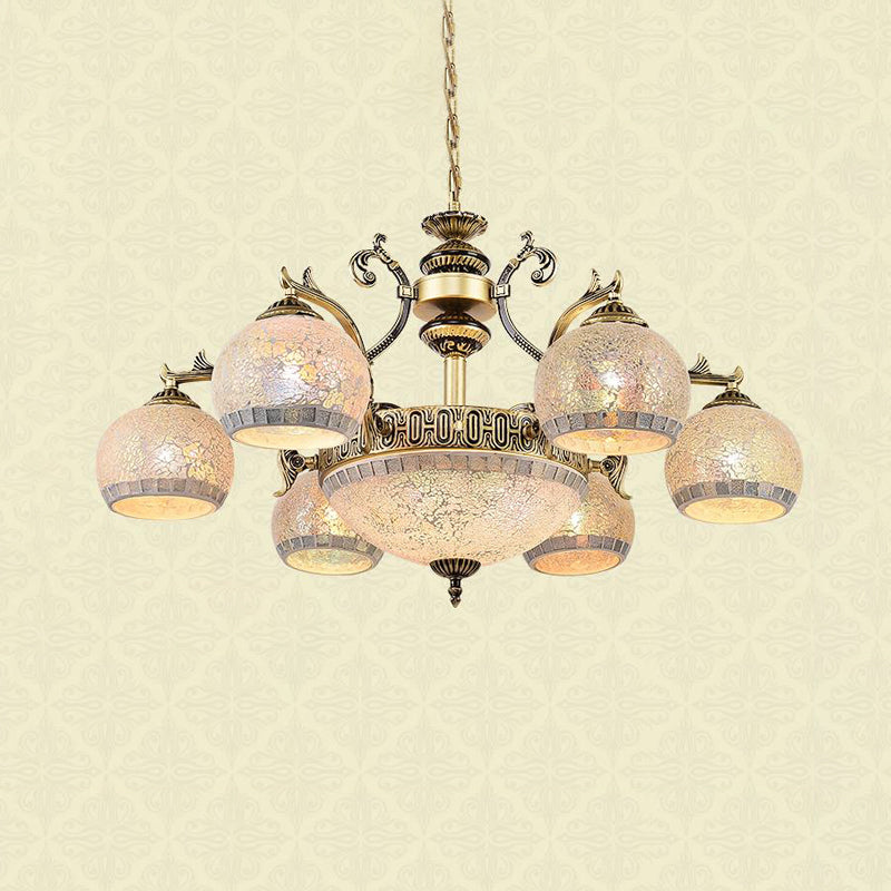 Antique Brass Globe Chandelier Lighting Fixture Baroque 3/5/11 Lights Frosted Glass Hanging Lamp 9 Antique Brass Clearhalo 'Ceiling Lights' 'Chandeliers' 'Industrial' 'Middle Century Chandeliers' 'Tiffany Chandeliers' 'Tiffany close to ceiling' 'Tiffany' Lighting' 296728
