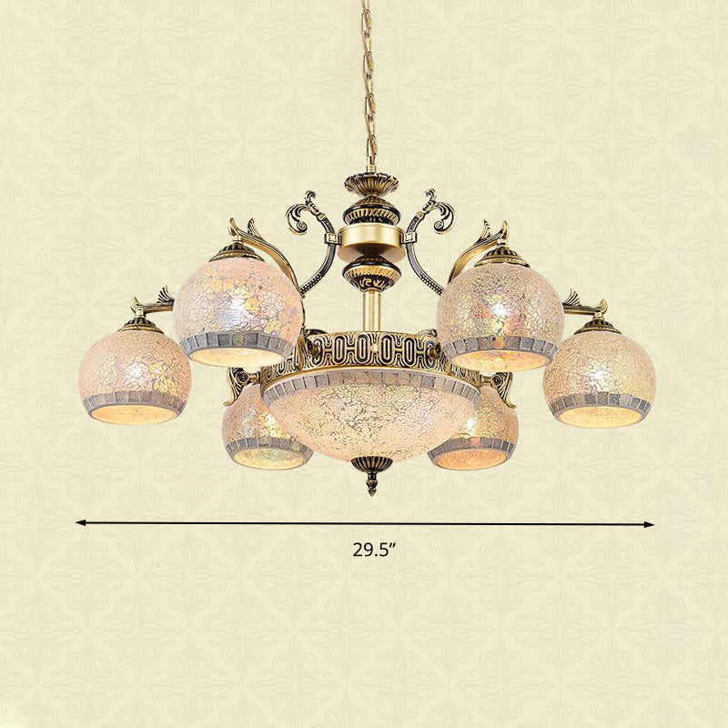 Antique Brass Globe Chandelier Lighting Fixture Baroque 3/5/11 Lights Frosted Glass Hanging Lamp Clearhalo 'Ceiling Lights' 'Chandeliers' 'Industrial' 'Middle Century Chandeliers' 'Tiffany Chandeliers' 'Tiffany close to ceiling' 'Tiffany' Lighting' 296729