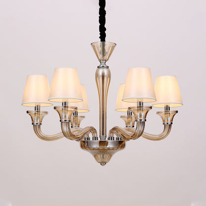 6/8/12 Heads Chandelier Lighting Traditional Tapered Fabric Ceiling Pendant Light in White with Amber Glass Arm 6 White Clearhalo 'Ceiling Lights' 'Chandeliers' Lighting' options 296774_202c3dea-56a4-4f00-8978-c0b9d0a2e236