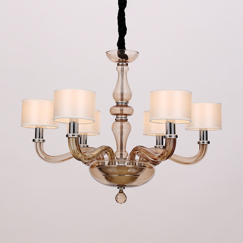Traditionary Spuntik Chandelier Light 6/8/12 Heads Amber Glass Pendant Lamp Fixture with White Fabric Drum Shade 6 White Clearhalo 'Ceiling Lights' 'Chandeliers' 'Close To Ceiling Lights' 'Glass shade' 'Glass' Lighting' 296790