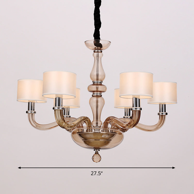 Traditionary Spuntik Chandelier Light 6/8/12 Heads Amber Glass Pendant Lamp Fixture with White Fabric Drum Shade Clearhalo 'Ceiling Lights' 'Chandeliers' 'Close To Ceiling Lights' 'Glass shade' 'Glass' Lighting' 296791