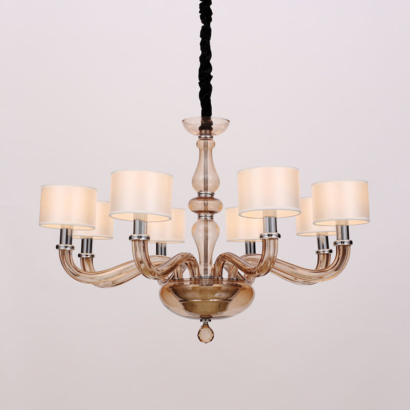 Traditionary Spuntik Chandelier Light 6/8/12 Heads Amber Glass Pendant Lamp Fixture with White Fabric Drum Shade 8 White Clearhalo 'Ceiling Lights' 'Chandeliers' 'Close To Ceiling Lights' 'Glass shade' 'Glass' Lighting' 296794