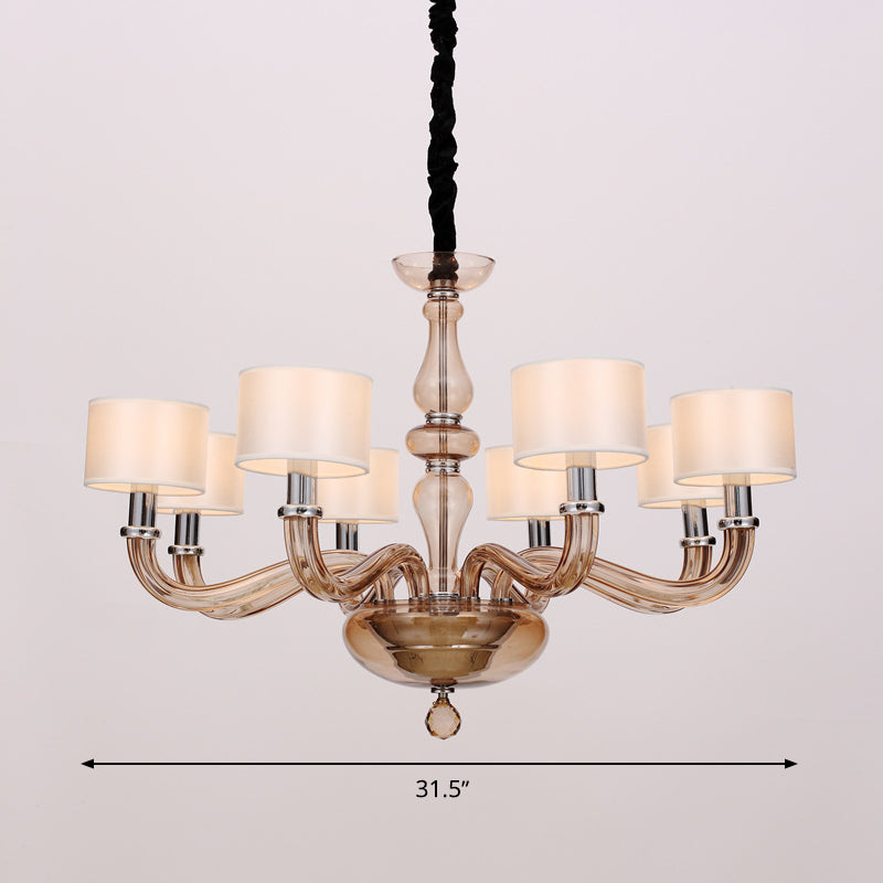 Traditionary Spuntik Chandelier Light 6/8/12 Heads Amber Glass Pendant Lamp Fixture with White Fabric Drum Shade Clearhalo 'Ceiling Lights' 'Chandeliers' 'Close To Ceiling Lights' 'Glass shade' 'Glass' Lighting' 296795