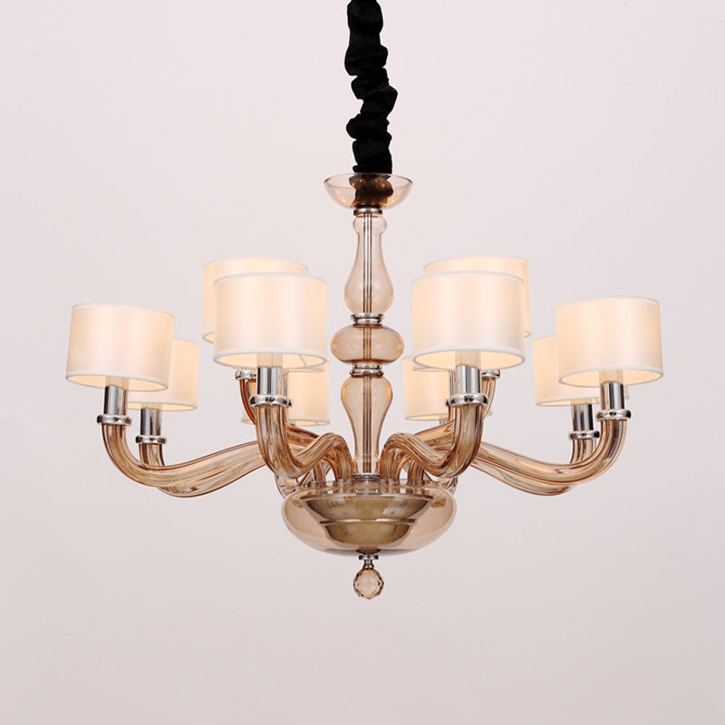 Traditionary Spuntik Chandelier Light 6/8/12 Heads Amber Glass Pendant Lamp Fixture with White Fabric Drum Shade 12 White Clearhalo 'Ceiling Lights' 'Chandeliers' 'Close To Ceiling Lights' 'Glass shade' 'Glass' Lighting' 296796