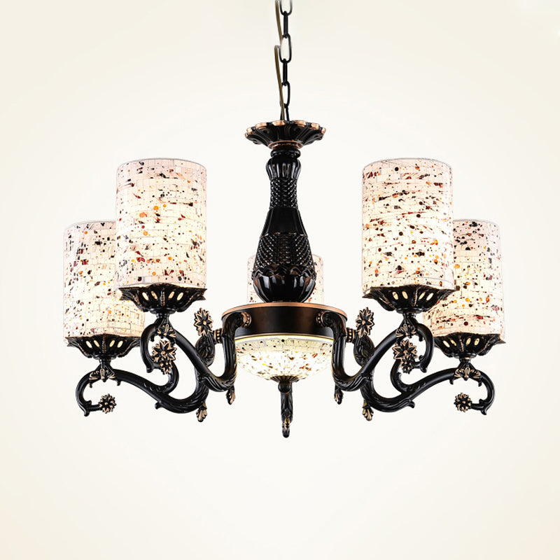 Black Cylinder Hanging Chandelier Mediterranean 4/6/9 Lights Stained Glass Suspension Pendant Light Clearhalo 'Ceiling Lights' 'Chandeliers' 'Close To Ceiling Lights' 'Industrial' 'Middle Century Chandeliers' 'Tiffany Chandeliers' 'Tiffany close to ceiling' 'Tiffany' Lighting' 296799