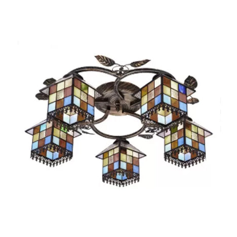 Stained Glass Ceiling Light, Cube Semi Flush Mount Light in Antique Brass with Leaf Decoration Tiffany Style Clearhalo 'Ceiling Lights' 'Close To Ceiling Lights' 'Close to ceiling' 'Glass shade' 'Glass' 'Semi-flushmount' 'Tiffany close to ceiling' 'Tiffany' Lighting' 2968