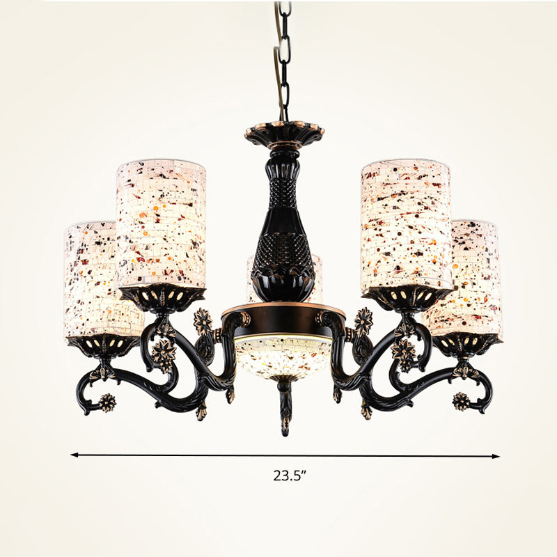Black Cylinder Hanging Chandelier Mediterranean 4/6/9 Lights Stained Glass Suspension Pendant Light Clearhalo 'Ceiling Lights' 'Chandeliers' 'Close To Ceiling Lights' 'Industrial' 'Middle Century Chandeliers' 'Tiffany Chandeliers' 'Tiffany close to ceiling' 'Tiffany' Lighting' 296800