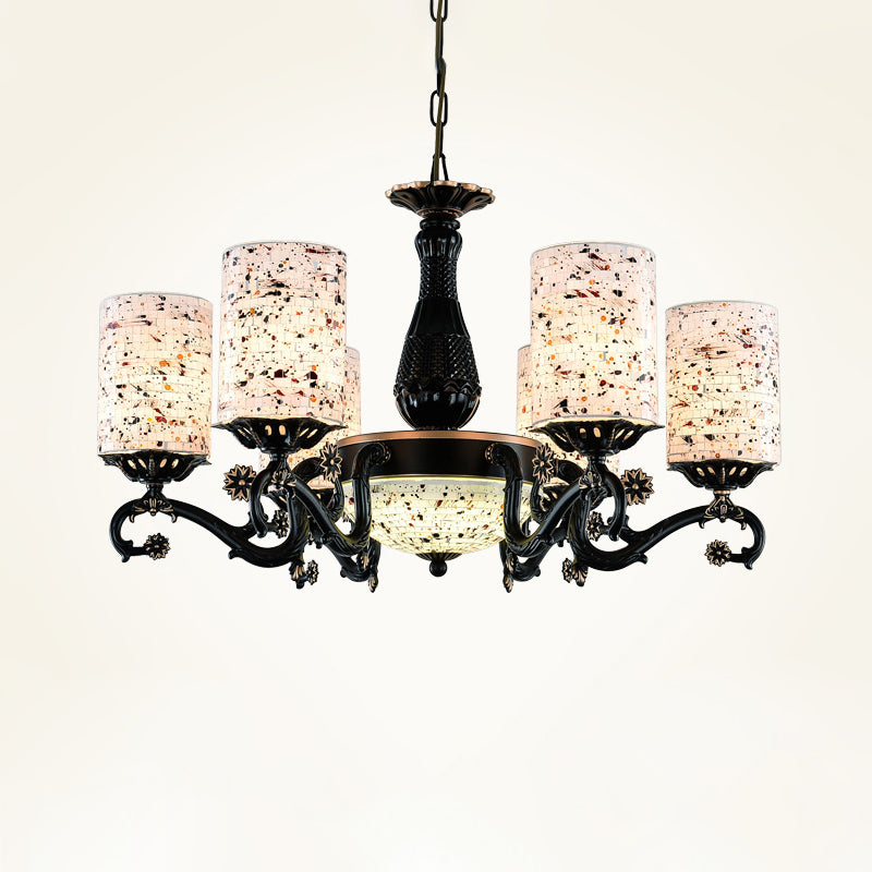 Black Cylinder Hanging Chandelier Mediterranean 4/6/9 Lights Stained Glass Suspension Pendant Light Clearhalo 'Ceiling Lights' 'Chandeliers' 'Close To Ceiling Lights' 'Industrial' 'Middle Century Chandeliers' 'Tiffany Chandeliers' 'Tiffany close to ceiling' 'Tiffany' Lighting' 296807