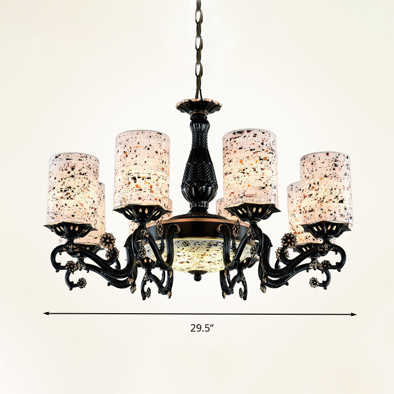 Black Cylinder Hanging Chandelier Mediterranean 4/6/9 Lights Stained Glass Suspension Pendant Light Clearhalo 'Ceiling Lights' 'Chandeliers' 'Close To Ceiling Lights' 'Industrial' 'Middle Century Chandeliers' 'Tiffany Chandeliers' 'Tiffany close to ceiling' 'Tiffany' Lighting' 296810