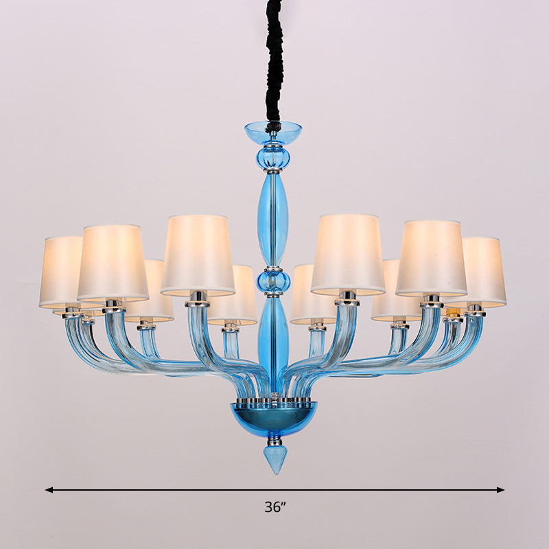 12 Bulbs Ceiling Chandelier Tradition Starburst White/Red/Blue Glass Hanging Pendant Light with Cone Fabric Shade Clearhalo 'Ceiling Lights' 'Chandeliers' Lighting' options 296822