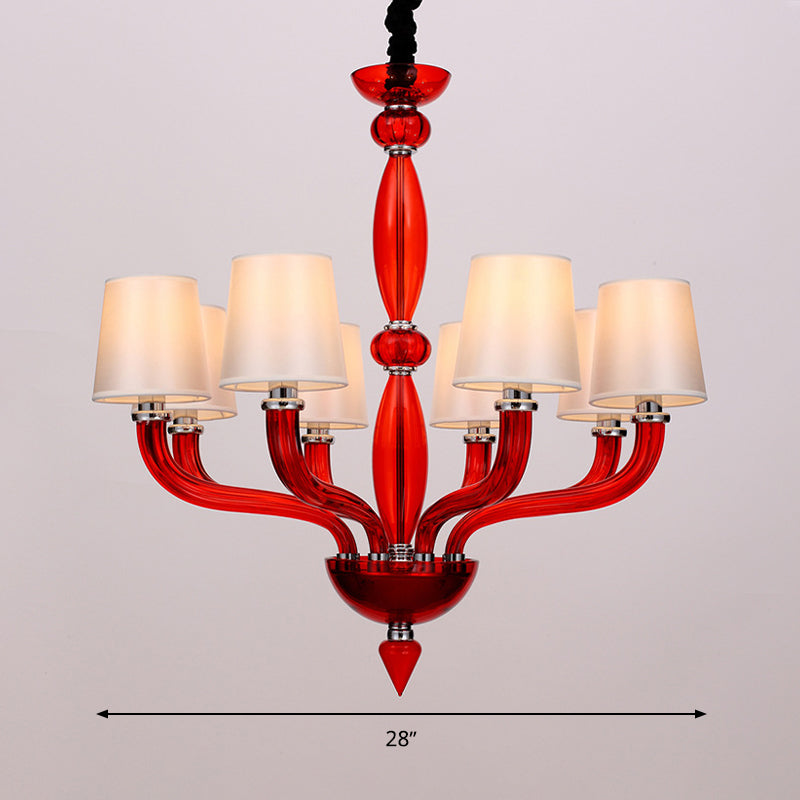 12 Bulbs Ceiling Chandelier Tradition Starburst White/Red/Blue Glass Hanging Pendant Light with Cone Fabric Shade Clearhalo 'Ceiling Lights' 'Chandeliers' Lighting' options 296827