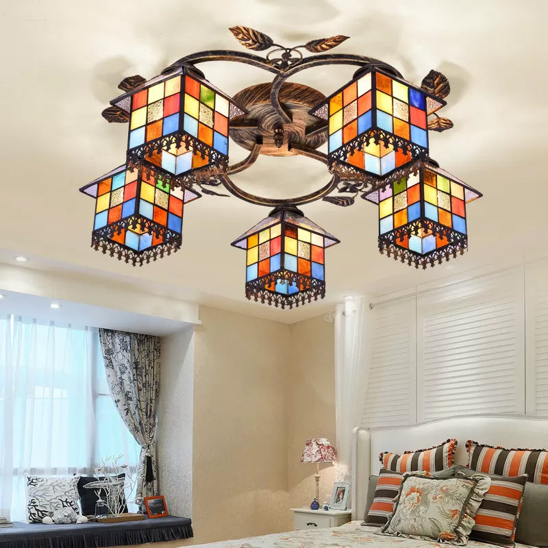 Stained Glass Ceiling Light, Cube Semi Flush Mount Light in Antique Brass with Leaf Decoration Tiffany Style 5 Antique Brass Clearhalo 'Ceiling Lights' 'Close To Ceiling Lights' 'Close to ceiling' 'Glass shade' 'Glass' 'Semi-flushmount' 'Tiffany close to ceiling' 'Tiffany' Lighting' 2969
