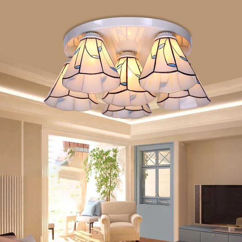 Leaf/Stripes Flush Mount Lighting 3/6 Lights Stained Glass Tiffany Ceiling Lamp in Blue for Living Room 6 Blue Leaf Clearhalo 'Ceiling Lights' 'Close To Ceiling Lights' 'Close to ceiling' 'Flush mount' Lighting' 296912