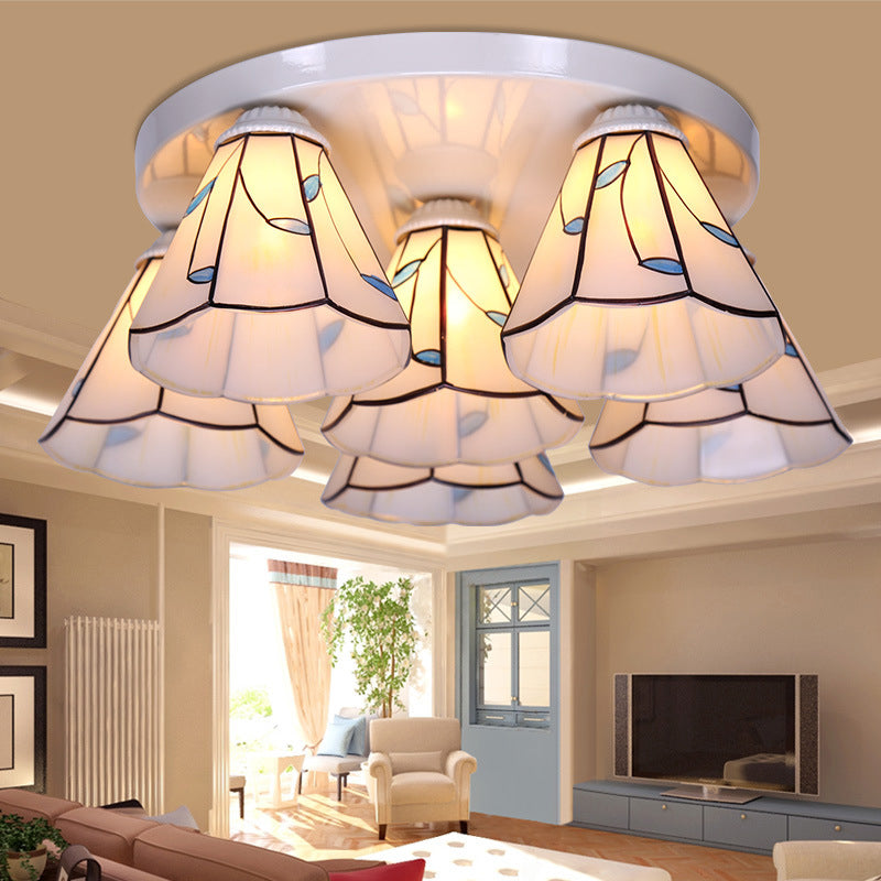 Leaf/Stripes Flush Mount Lighting 3/6 Lights Stained Glass Tiffany Ceiling Lamp in Blue for Living Room Clearhalo 'Ceiling Lights' 'Close To Ceiling Lights' 'Close to ceiling' 'Flush mount' Lighting' 296913