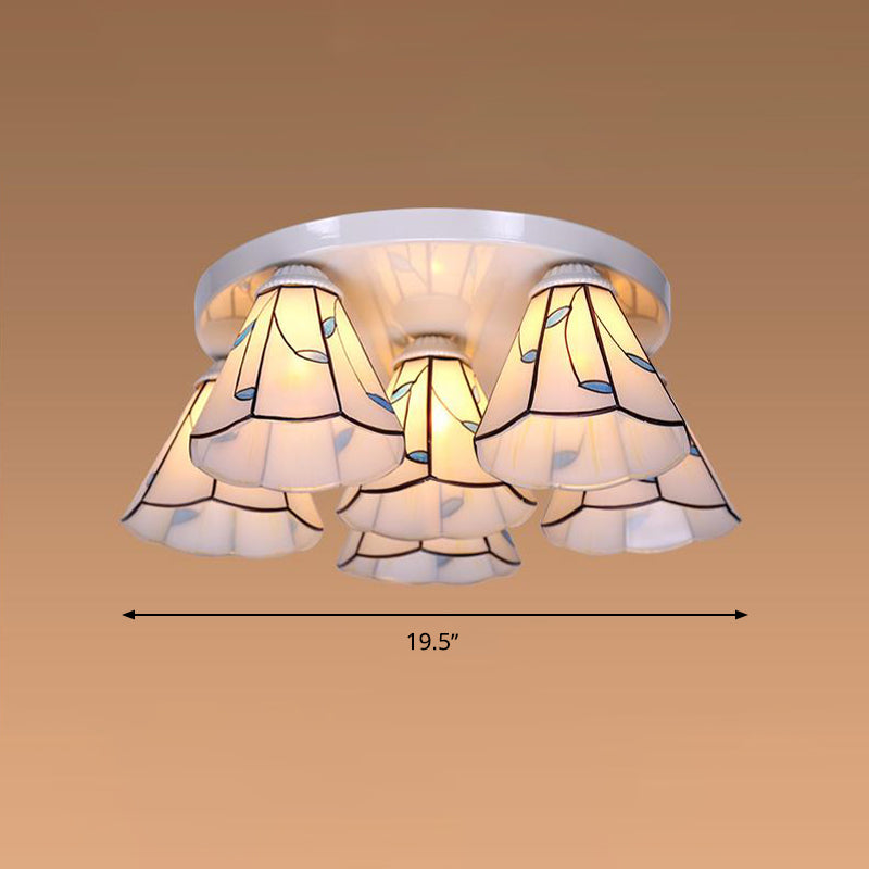 Leaf/Stripes Flush Mount Lighting 3/6 Lights Stained Glass Tiffany Ceiling Lamp in Blue for Living Room Clearhalo 'Ceiling Lights' 'Close To Ceiling Lights' 'Close to ceiling' 'Flush mount' Lighting' 296915