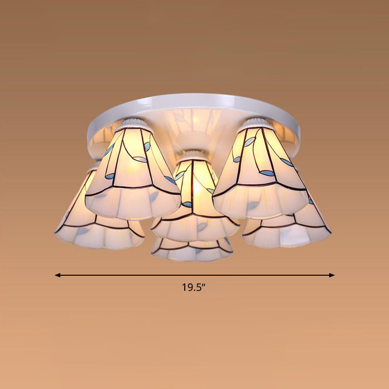 Leaf/Stripes Flush Mount Lighting 3/6 Lights Stained Glass Tiffany Ceiling Lamp in Blue for Living Room Clearhalo 'Ceiling Lights' 'Close To Ceiling Lights' 'Close to ceiling' 'Flush mount' Lighting' 296915