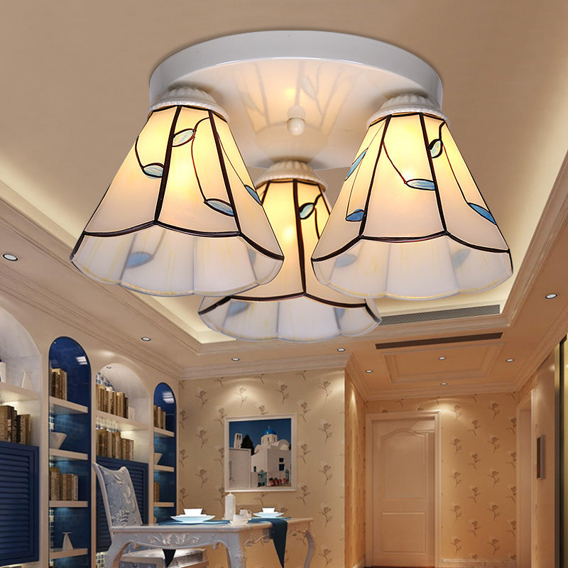 Leaf/Stripes Flush Mount Lighting 3/6 Lights Stained Glass Tiffany Ceiling Lamp in Blue for Living Room 3 Blue Leaf Clearhalo 'Ceiling Lights' 'Close To Ceiling Lights' 'Close to ceiling' 'Flush mount' Lighting' 296917