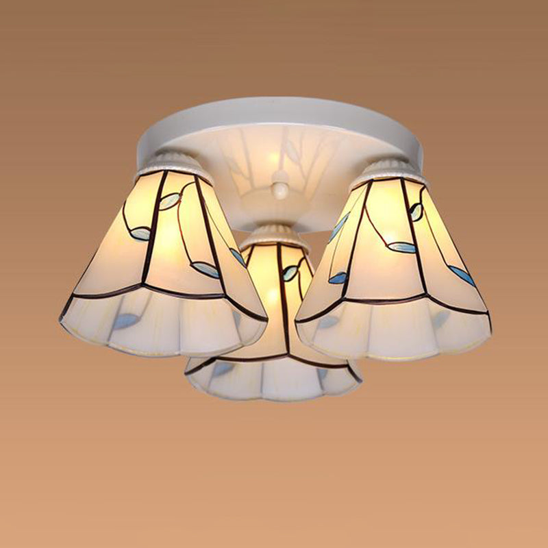 Leaf/Stripes Flush Mount Lighting 3/6 Lights Stained Glass Tiffany Ceiling Lamp in Blue for Living Room Clearhalo 'Ceiling Lights' 'Close To Ceiling Lights' 'Close to ceiling' 'Flush mount' Lighting' 296918