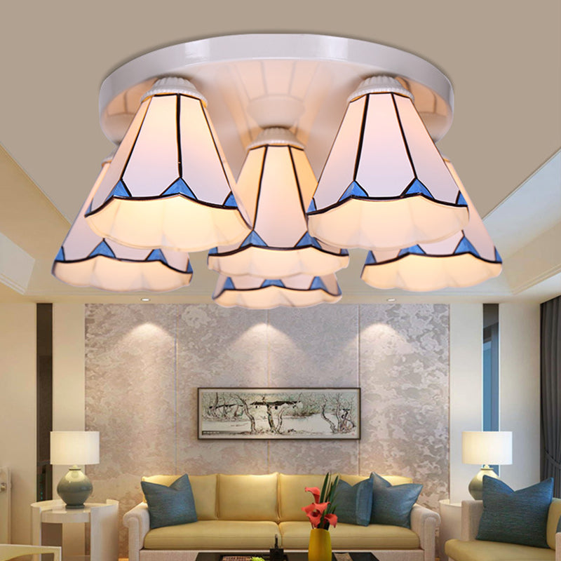 Leaf/Stripes Flush Mount Lighting 3/6 Lights Stained Glass Tiffany Ceiling Lamp in Blue for Living Room 6 Blue Striped Clearhalo 'Ceiling Lights' 'Close To Ceiling Lights' 'Close to ceiling' 'Flush mount' Lighting' 296920