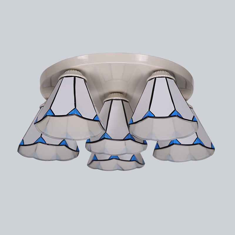 Leaf/Stripes Flush Mount Lighting 3/6 Lights Stained Glass Tiffany Ceiling Lamp in Blue for Living Room Clearhalo 'Ceiling Lights' 'Close To Ceiling Lights' 'Close to ceiling' 'Flush mount' Lighting' 296921