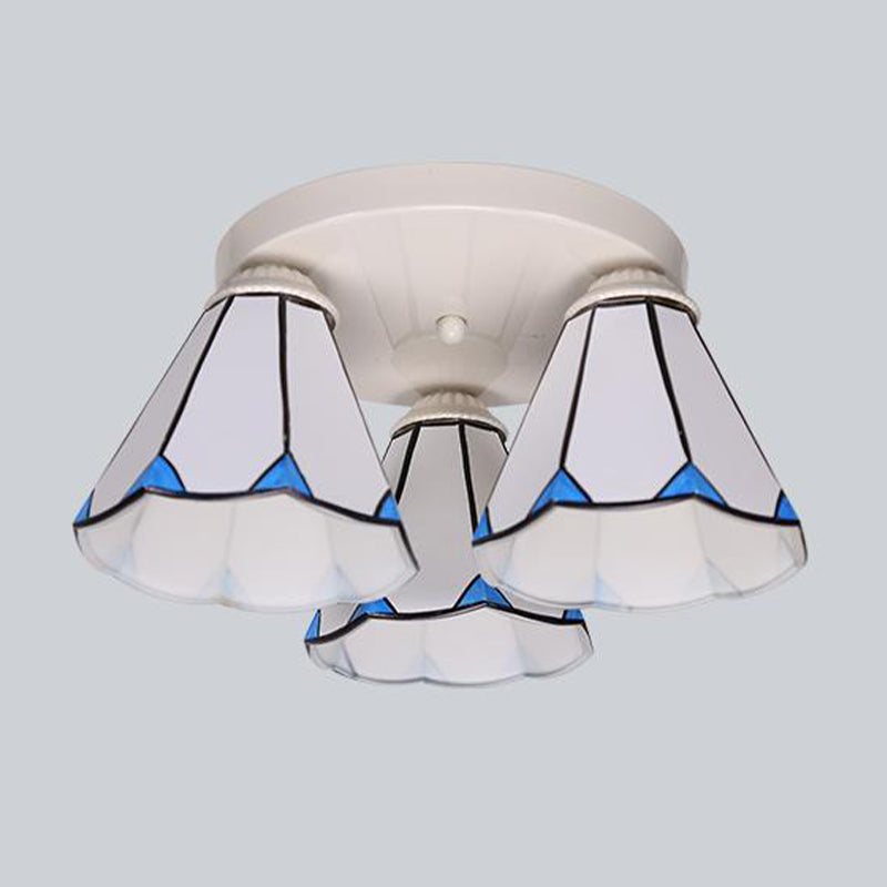 Leaf/Stripes Flush Mount Lighting 3/6 Lights Stained Glass Tiffany Ceiling Lamp in Blue for Living Room Clearhalo 'Ceiling Lights' 'Close To Ceiling Lights' 'Close to ceiling' 'Flush mount' Lighting' 296924