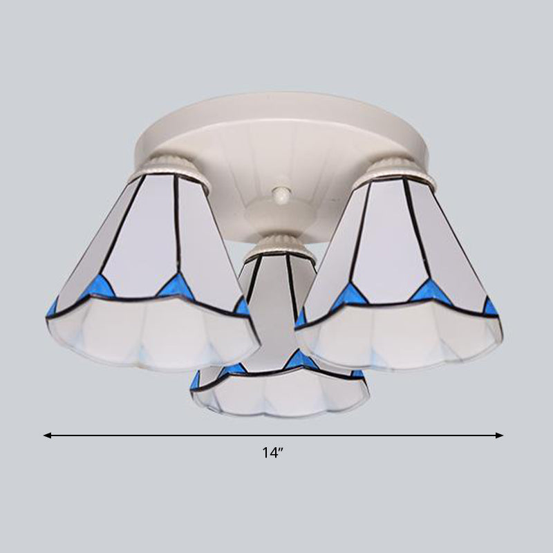 Leaf/Stripes Flush Mount Lighting 3/6 Lights Stained Glass Tiffany Ceiling Lamp in Blue for Living Room Clearhalo 'Ceiling Lights' 'Close To Ceiling Lights' 'Close to ceiling' 'Flush mount' Lighting' 296925